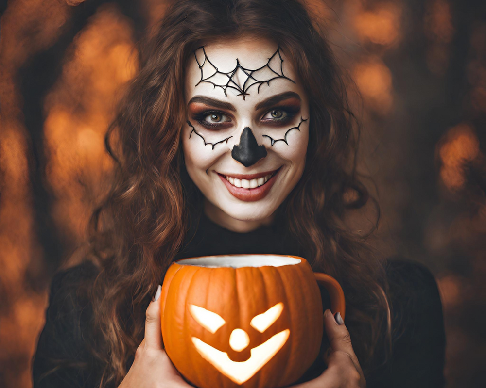 Fonte: Canva Uma mulher branca com maquiagem de teia de aranha segurando uma caneca de abóbora